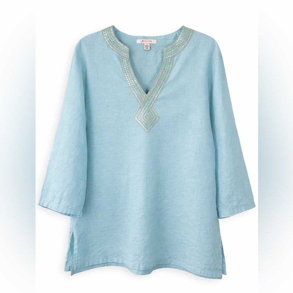 JM Collection Linen Tunic Top Size 14 L Blue Embellished Neck Boho Resort Beach